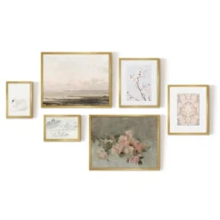 Americanflat 6 Piece Vintage Gallery Wall Art Set - Blush Roses, Hazy Beach, Pale Blossoms, Pink Silk Textile, Clouds By Maple + Oak -Americanflat GUEST 02bceac4 2882 4e5f aeba a7319017582d