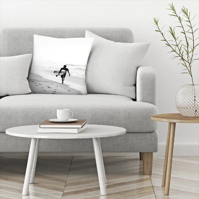 Surfer Walking On The Beach In Black And White By Tanya Shumkina Throw Pillow - Americanflat 4 Surfer Walking On The Beach In Black And White By Tanya Shumkina Throw Pillow - Americanflat - Image 2
