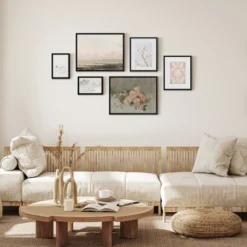 Americanflat 6 Piece Vintage Gallery Wall Art Set - Blush Roses, Hazy Beach, Pale Blossoms, Pink Silk Textile, Clouds By Maple + Oak