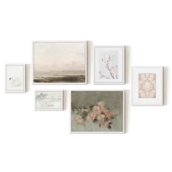 Americanflat 6 Piece Vintage Gallery Wall Art Set - Blush Roses, Hazy Beach, Pale Blossoms, Pink Silk Textile, Clouds By Maple + Oak -Americanflat GUEST 6085637f feaf 4b31 bbed 031a2eb3a63b