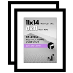 Americanflat 11x14 Picture Frame With Polished Plexiglass - Set Of 2 - Use As 8x11 Frame With Mat Or Display 11x14 Photo Without Mat - Black